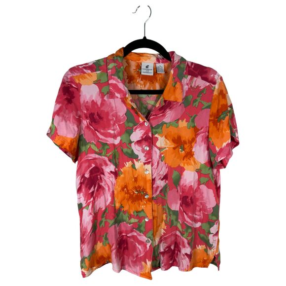 Caribbean Joe Silk Floral Pink Orange Button Short Sleeve Blouse Size Medium - Picture 1 of 4